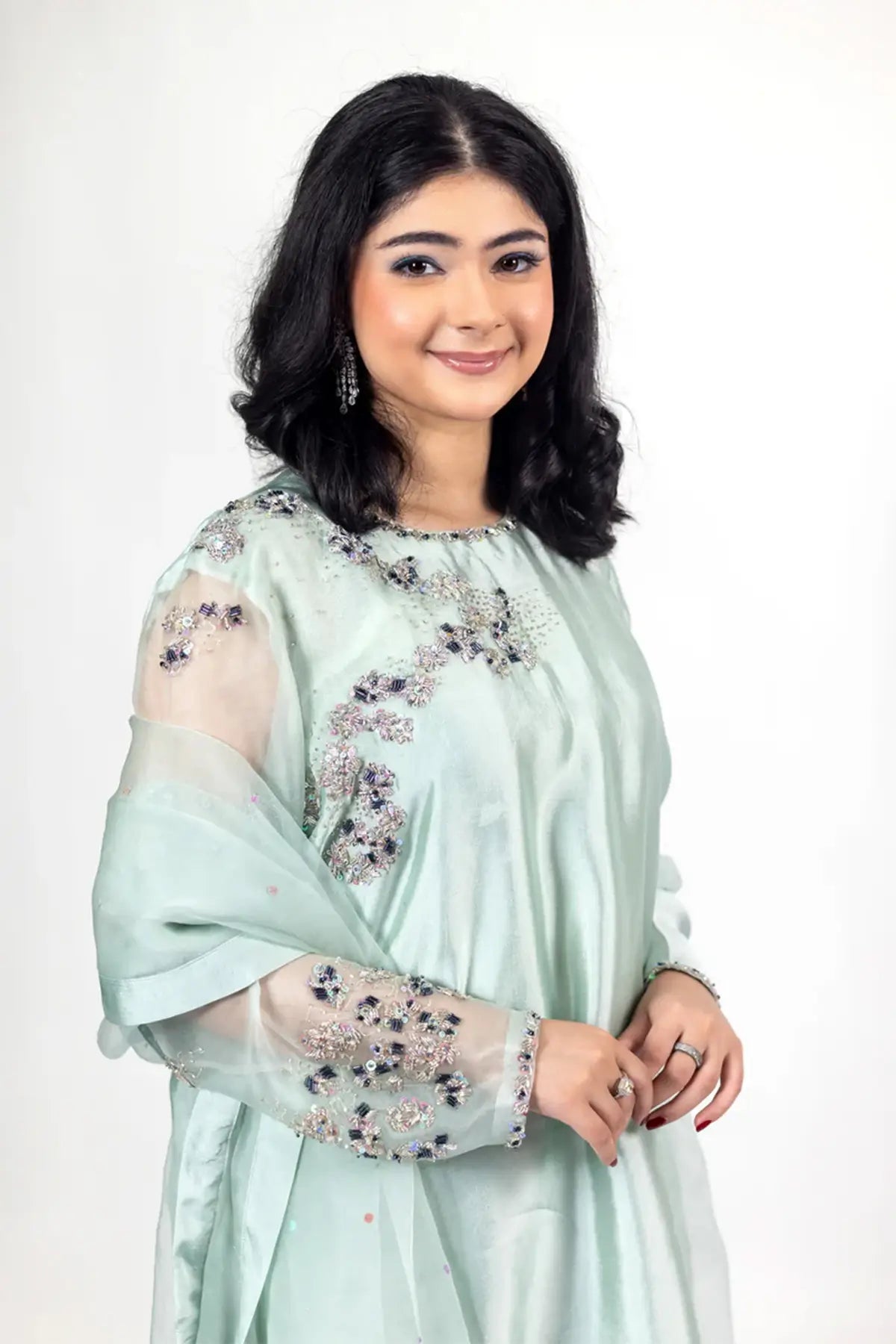 Tanishq – Luxury Silk Dress with Sheesha Detailing for Evening Events