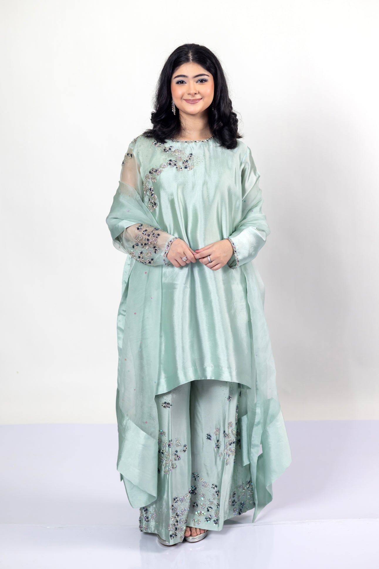 Tanishq Mint Green Silk Dress Sheesha Work MariamRaj
