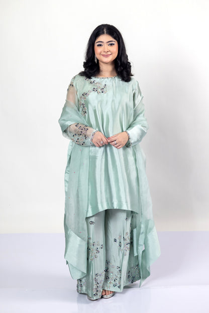 Tanishq Mint Green Silk Dress Sheesha Work MariamRaj
