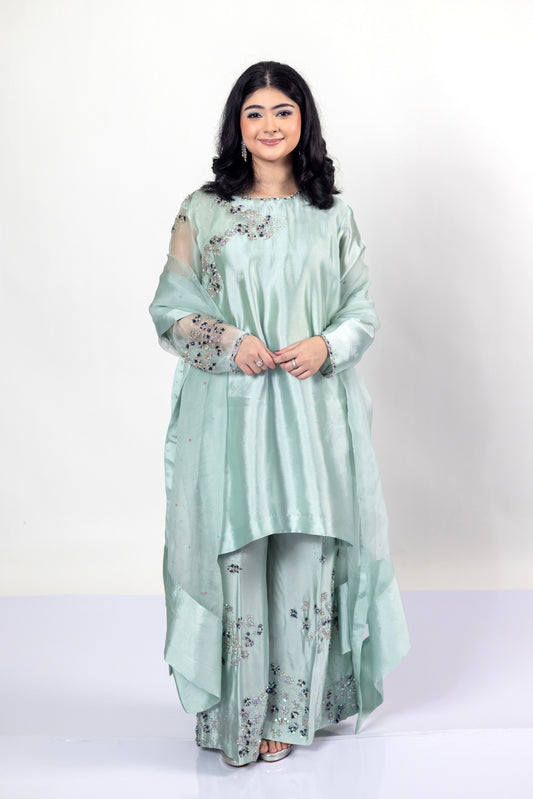 Tanishq Mint Green Silk Dress Sheesha Work MariamRaj
