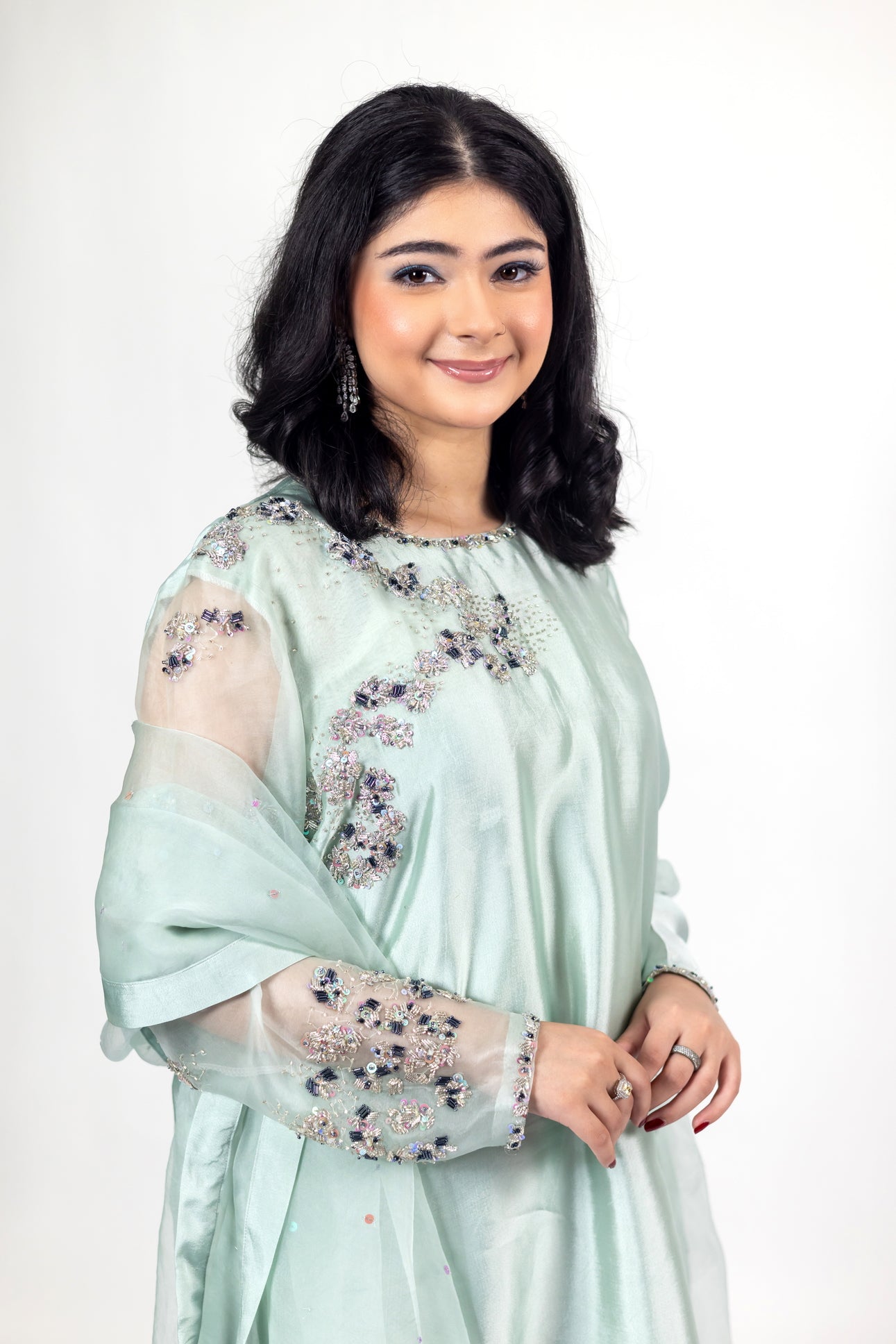 Tanishq Mint Green Silk Dress Sheesha Work MariamRaj

