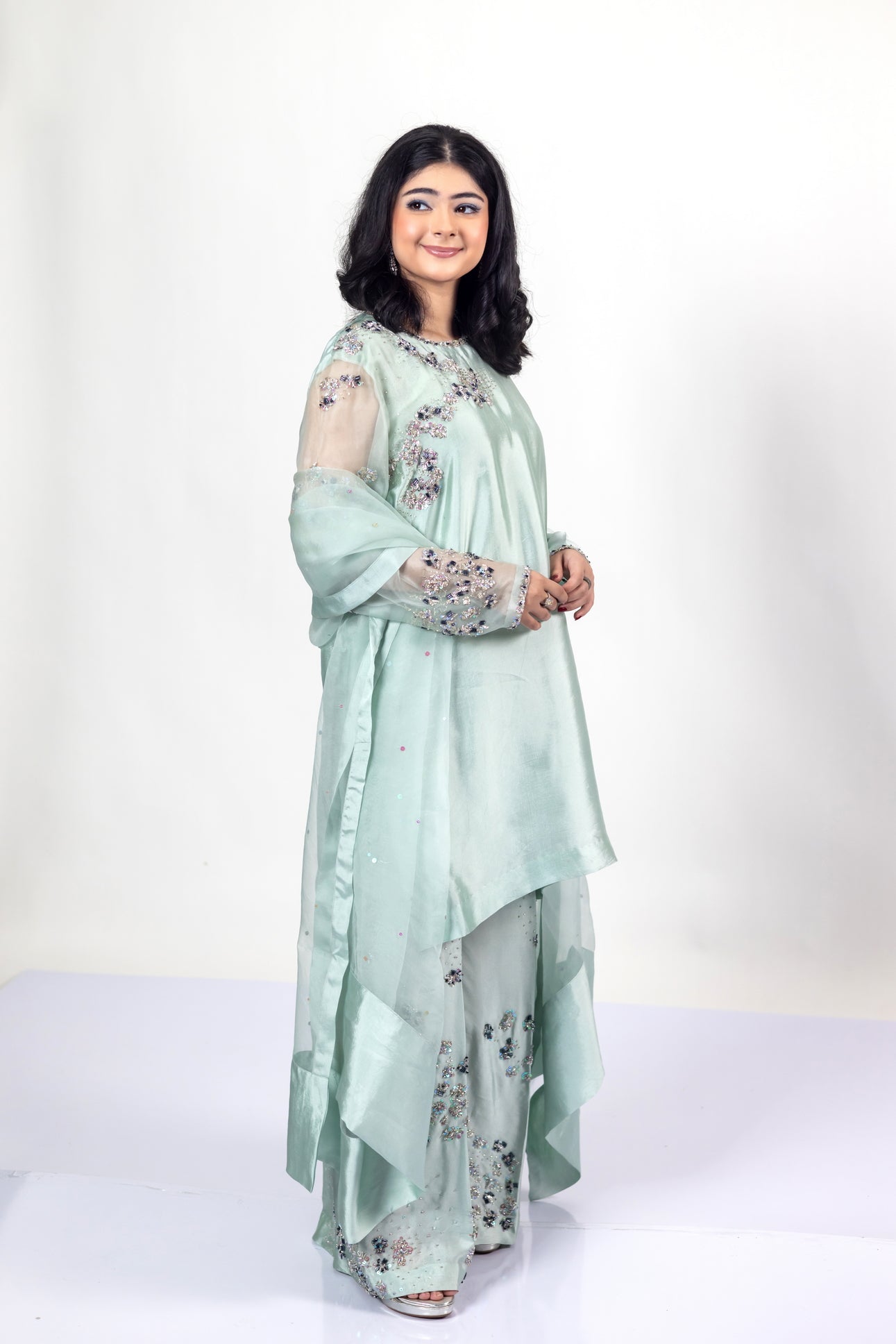 Tanishq Mint Green Silk Dress Sheesha Work MariamRaj


