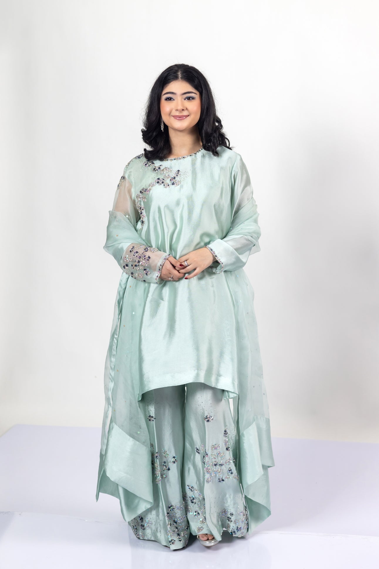 Tanishq Mint Green Silk Dress Sheesha Work MariamRaj

