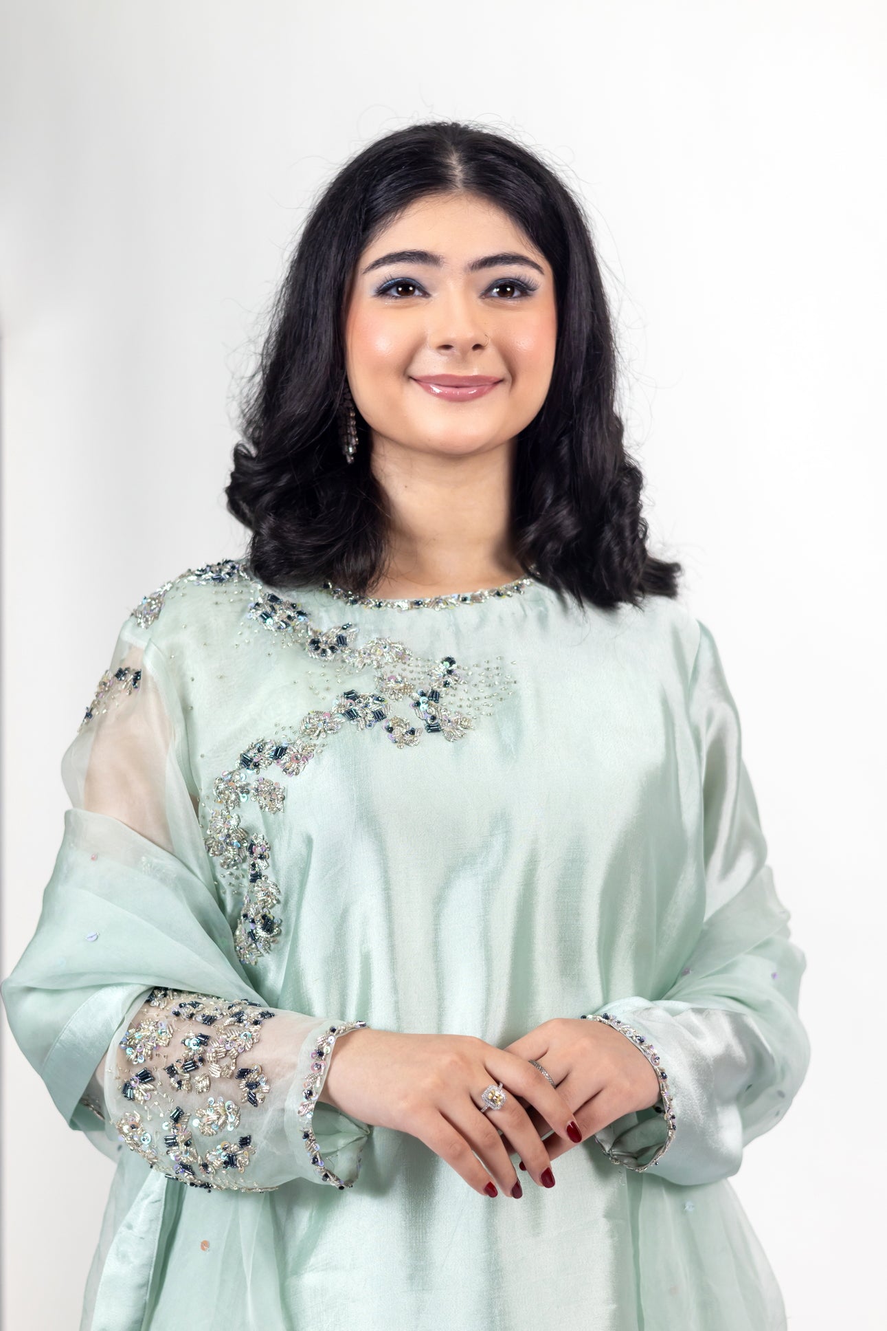 Tanishq Mint Green Silk Dress Sheesha Work MariamRaj
