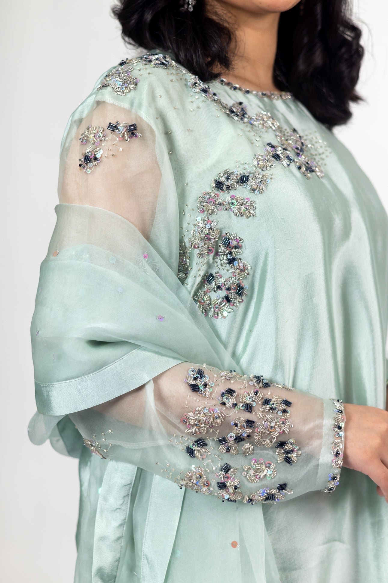 Tanishq Mint Green Silk Dress Sheesha Work MariamRaj
