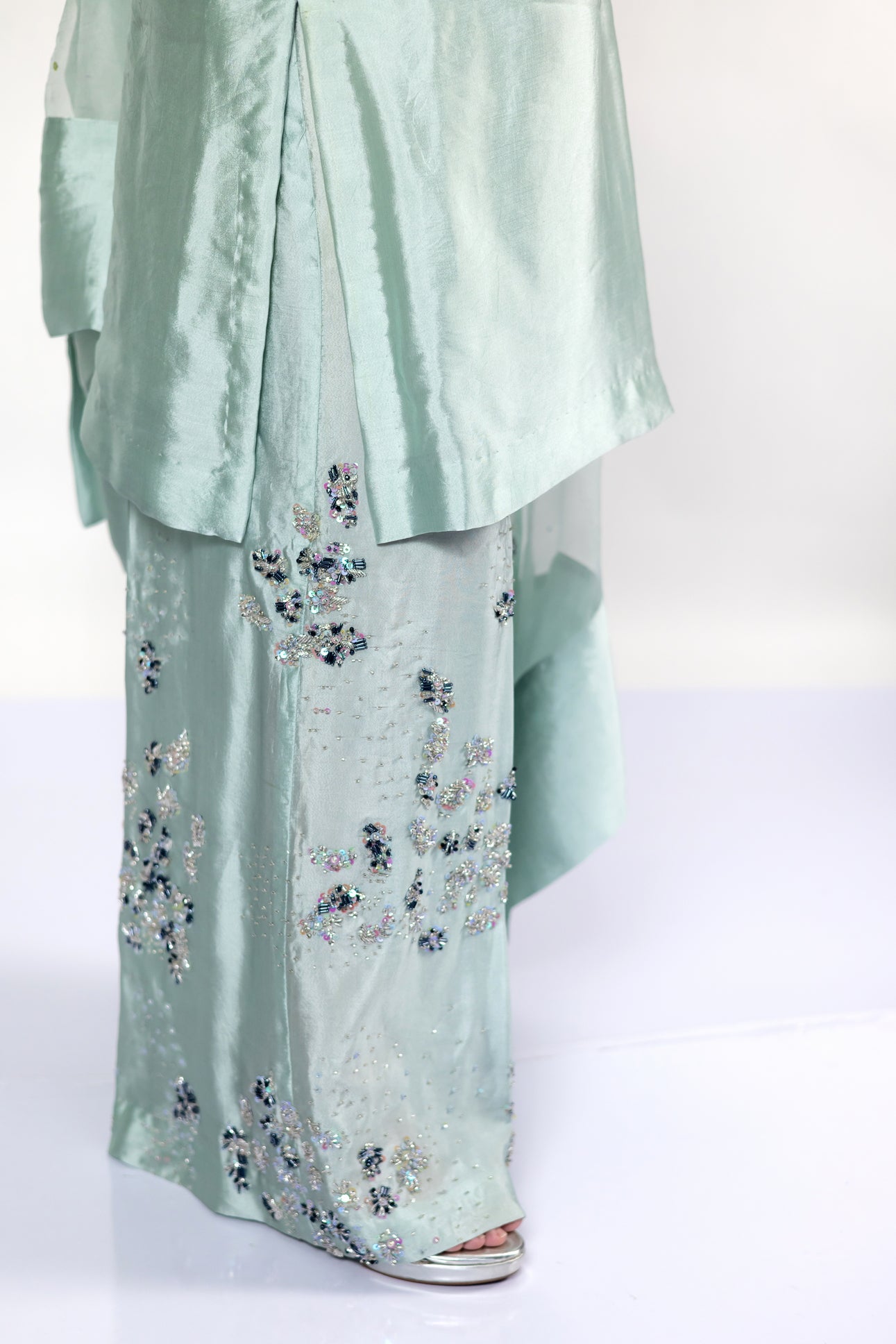 Tanishq Mint Green Silk Dress Sheesha Work MariamRaj
