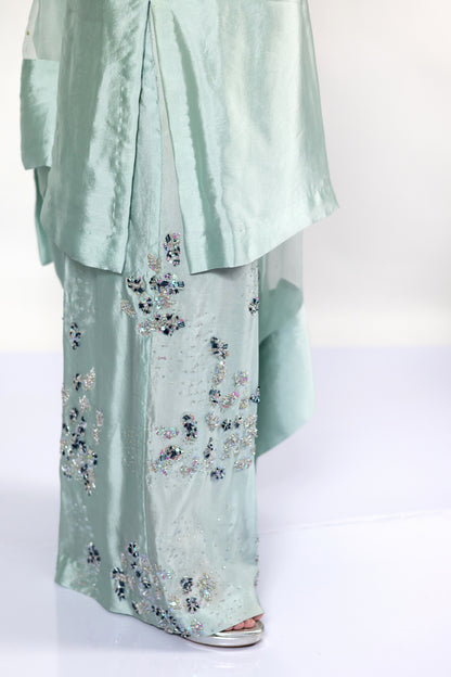 Tanishq Mint Green Silk Dress Sheesha Work MariamRaj
