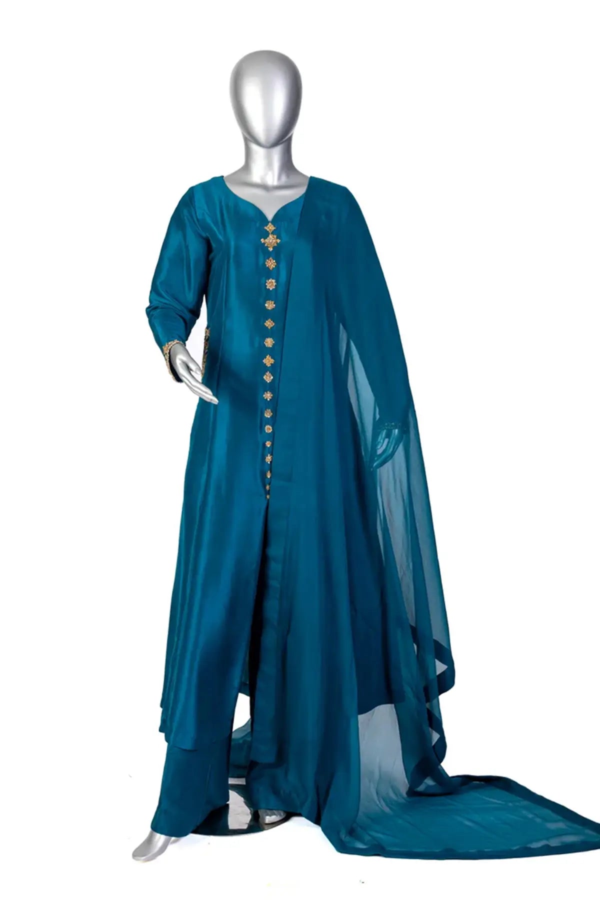 Tara – Stylish Teal Silk Suit with Hand Embellishments for Evening Wear