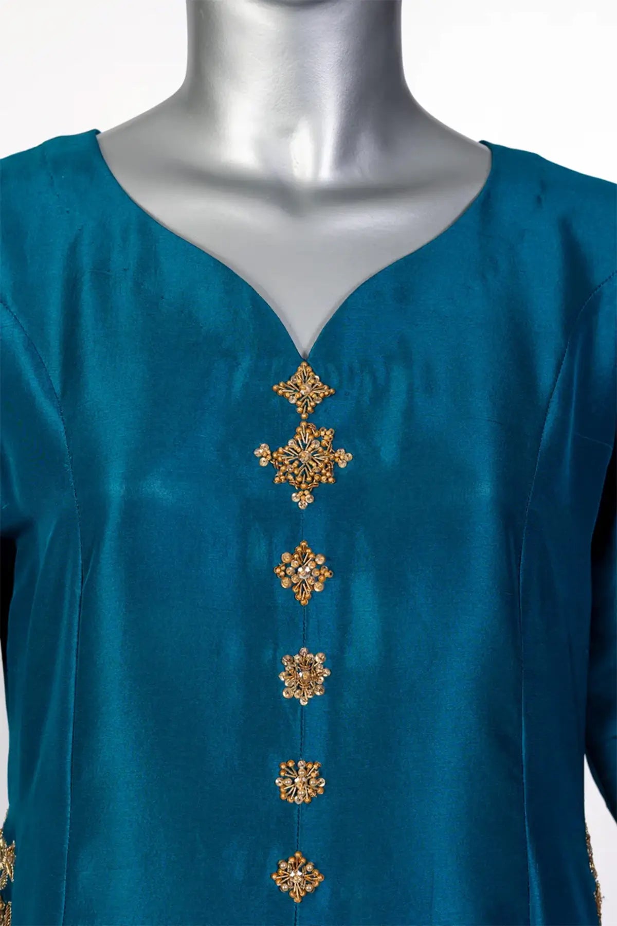 Tara – Stylish Teal Silk Suit with Hand Embellishments for Evening Wear