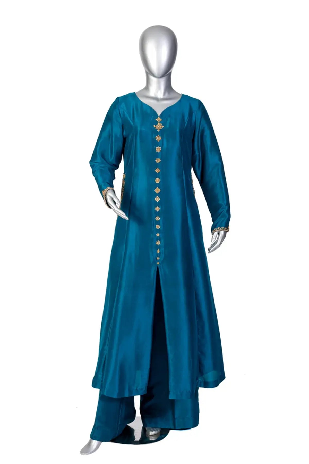 Tara – Stylish Teal Silk Suit with Hand Embellishments for Evening Wear