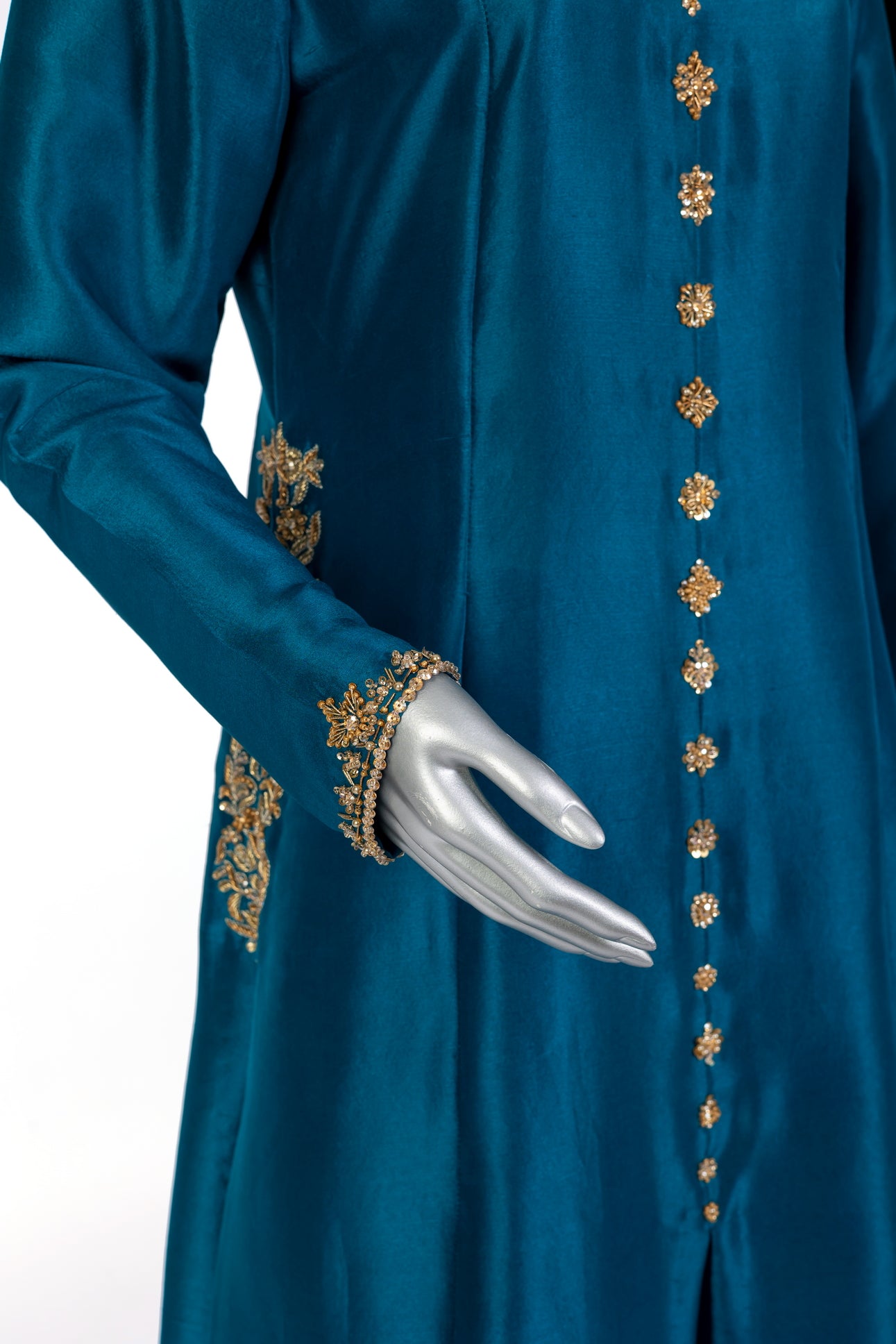 Tara Teal Raw Silk Front Open Shirt with Straight Pants and Chiffon Dupatta by MariamRaj, Hand Embellished Outfit for Party and Evening Wear