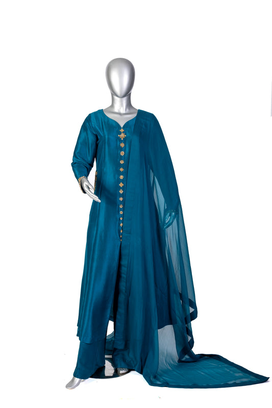 Tara Teal Raw Silk Front Open Shirt with Straight Pants and Chiffon Dupatta by MariamRaj, Hand Embellished Outfit for Party and Evening Wear
