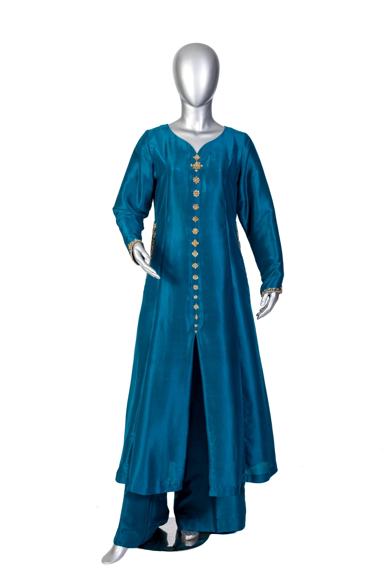 Tara Teal Raw Silk Front Open Shirt with Straight Pants and Chiffon Dupatta by MariamRaj, Hand Embellished Outfit for Party and Evening Wear