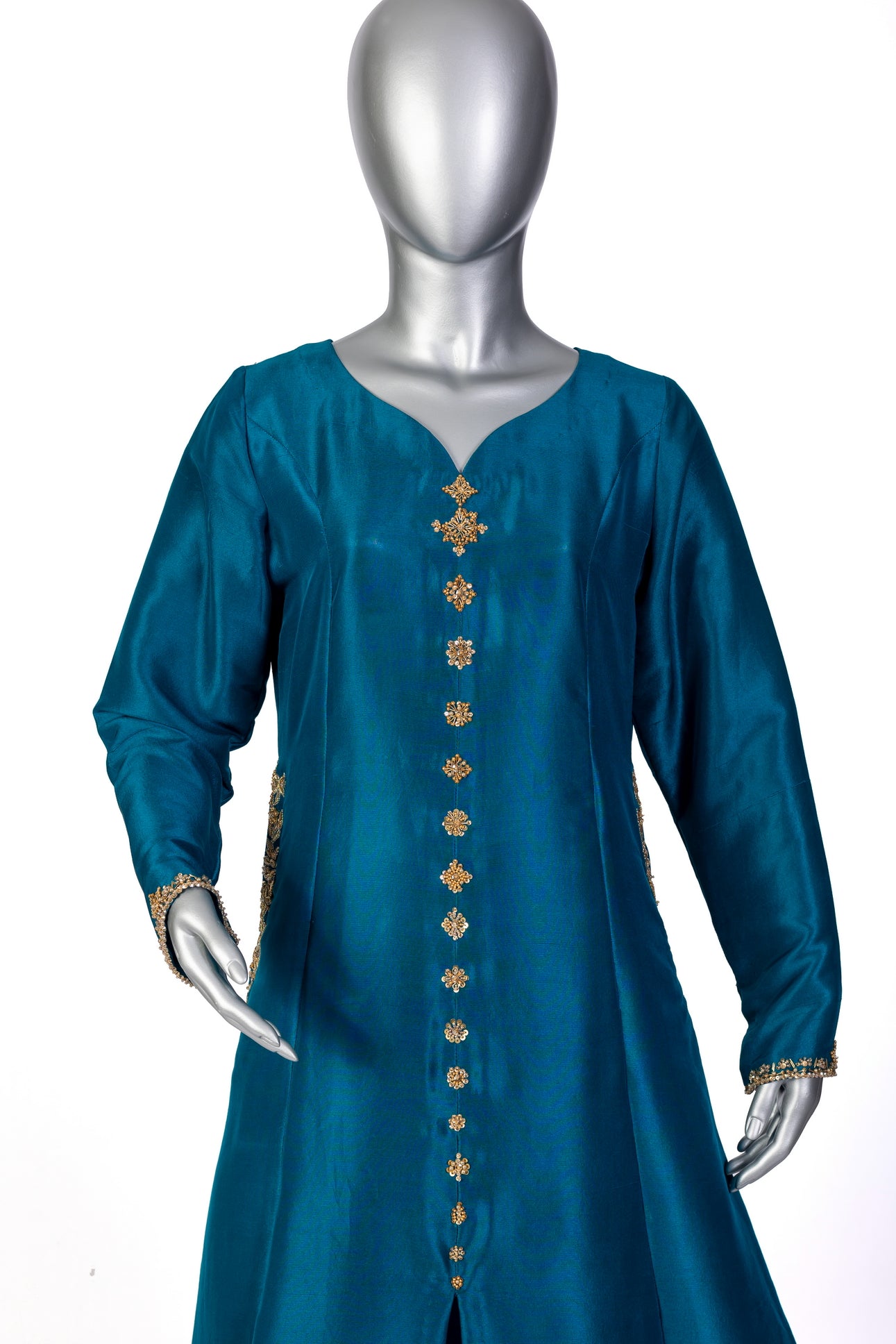Tara Teal Raw Silk Front Open Shirt with Straight Pants and Chiffon Dupatta by MariamRaj, Hand Embellished Outfit for Party and Evening Wear