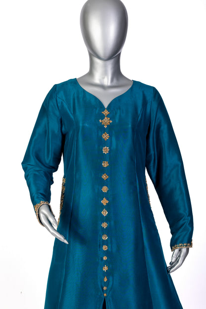 Tara Teal Raw Silk Front Open Shirt with Straight Pants and Chiffon Dupatta by MariamRaj, Hand Embellished Outfit for Party and Evening Wear