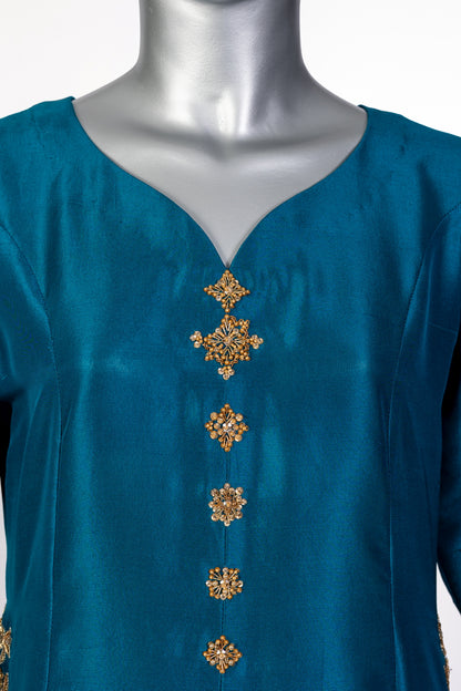 Tara Teal Raw Silk Front Open Shirt with Straight Pants and Chiffon Dupatta by MariamRaj, Hand Embellished Outfit for Party and Evening Wear
