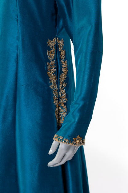 Tara Teal Raw Silk Front Open Shirt with Straight Pants and Chiffon Dupatta by MariamRaj, Hand Embellished Outfit for Party and Evening Wear