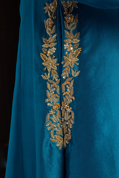 Tara Teal Raw Silk Front Open Shirt with Straight Pants and Chiffon Dupatta by MariamRaj, Hand Embellished Outfit for Party and Evening Wear
