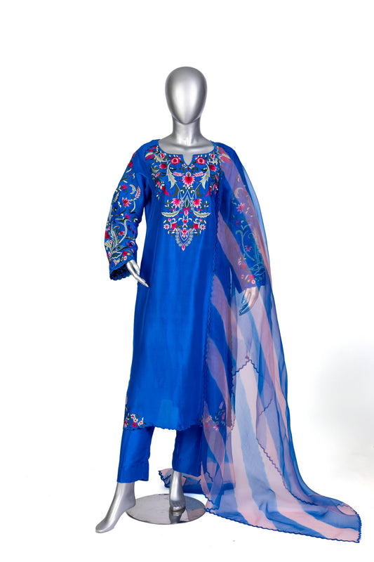 Tavisha Luxury Royal Blue Silk Set with Handwork and Tie-Dye Organza Dupatta by MariamRaj