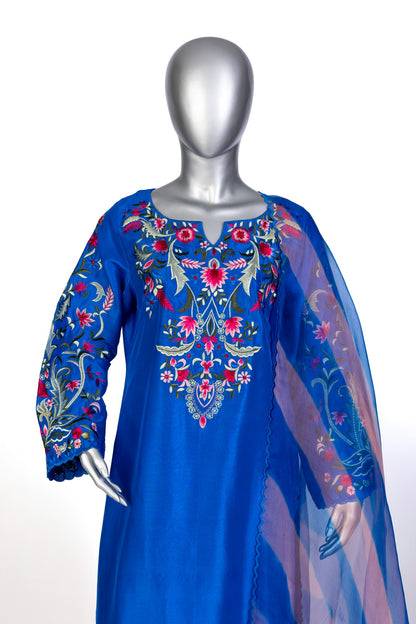 Tavisha Luxury Royal Blue Silk Set with Handwork and Tie-Dye Organza Dupatta by MariamRaj
