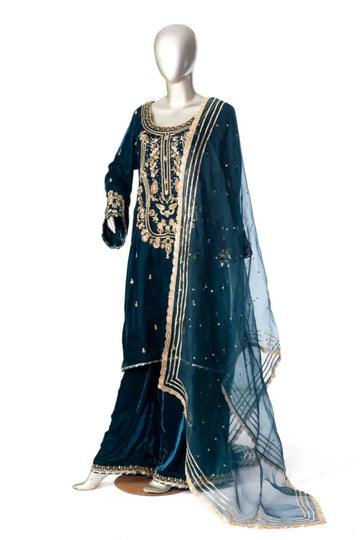 Teal Twilight-Luxury Pakistani velvet formal Suit for weddings