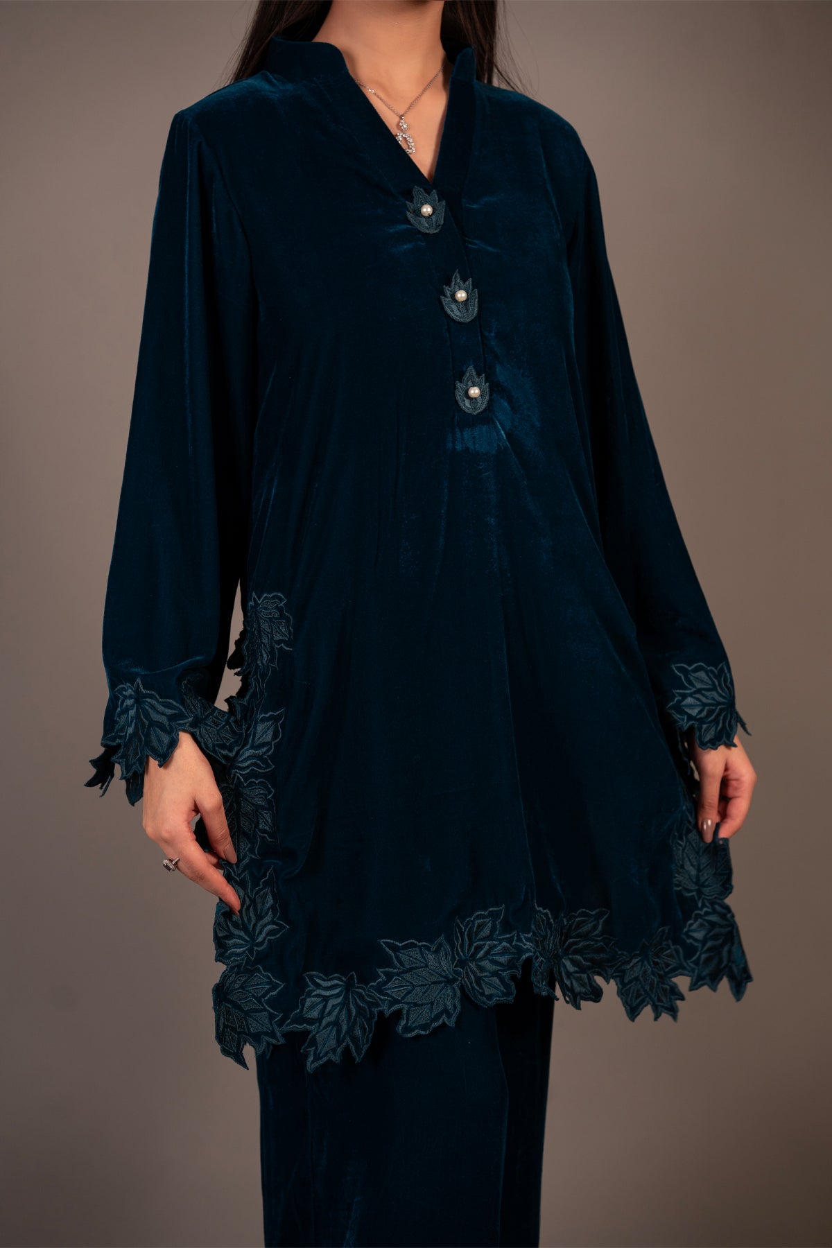 Teal Bloom teal blue pure velvet co-ord set with embroidered appliqué detailing by MariamRaj