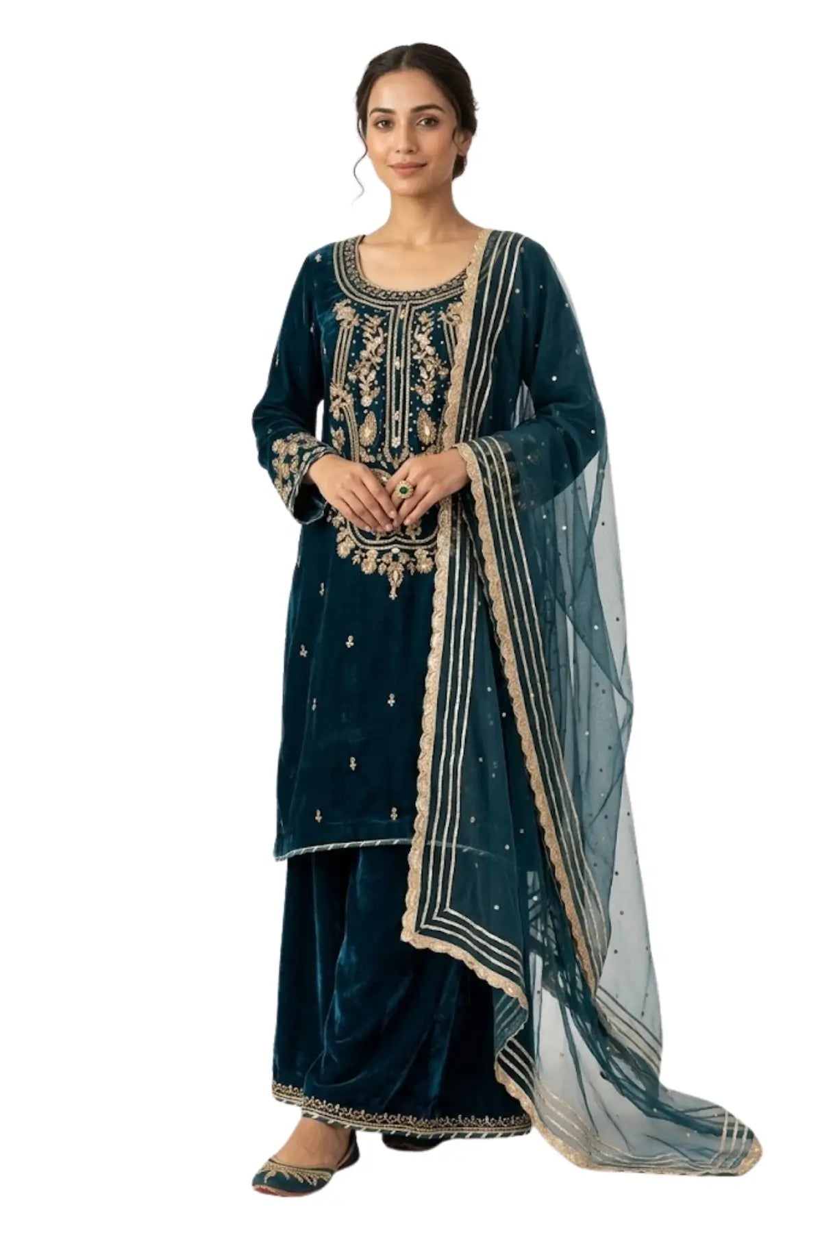 Teal Twilight-Luxury Pakistani velvet formal Suit for weddings