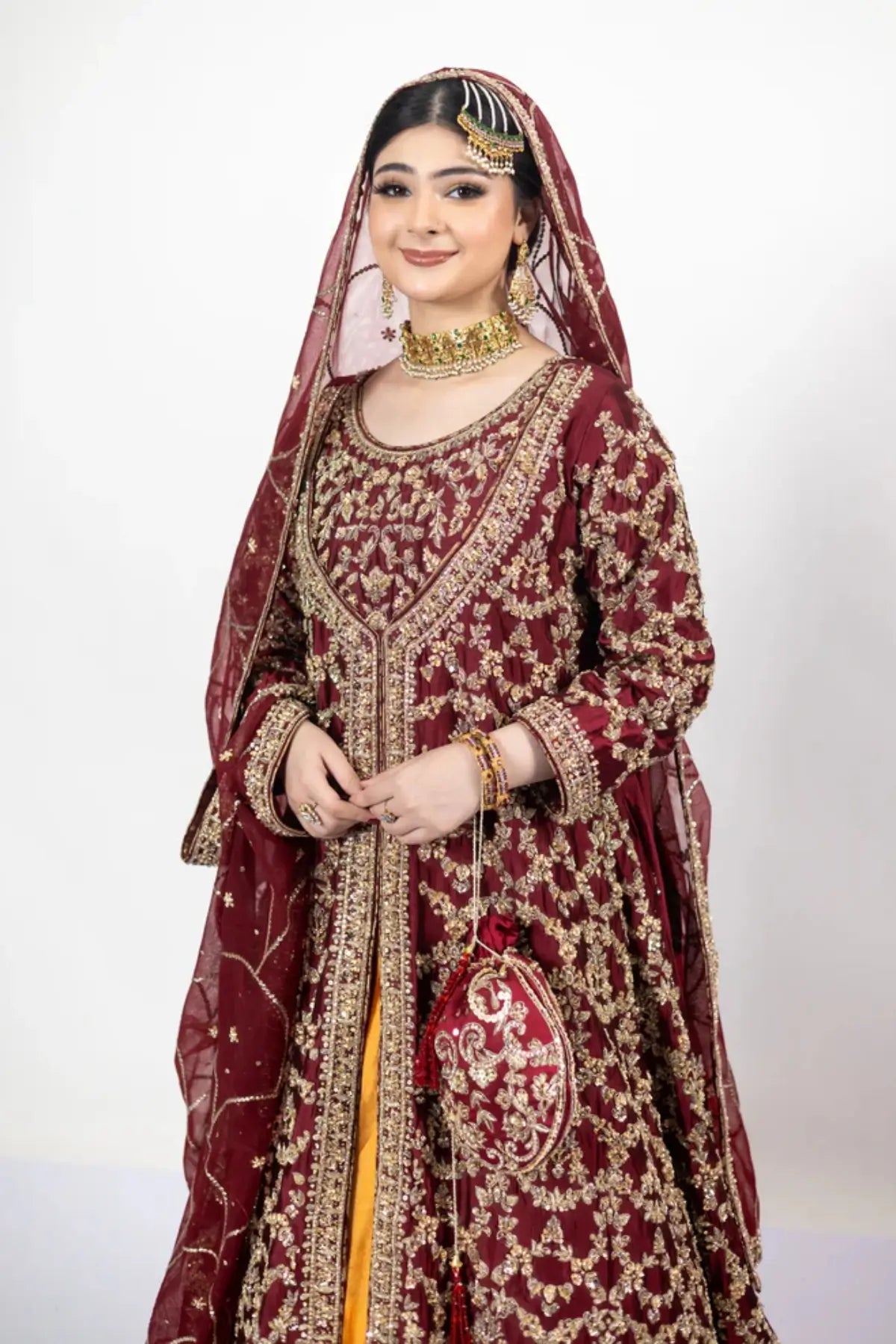 Yumna – Maroon Raw Silk Shirt & Rust Lehnga for Elegant Bridal Occasions
