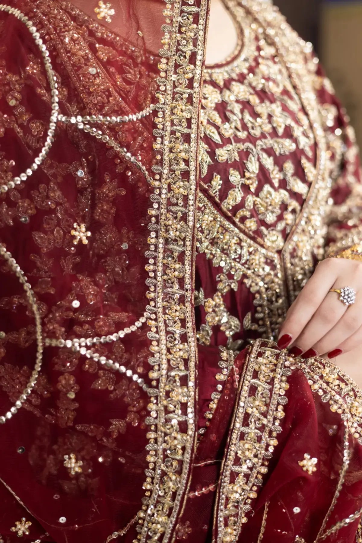 Yumna – Maroon Raw Silk Shirt & Rust Lehnga for Elegant Bridal Occasions