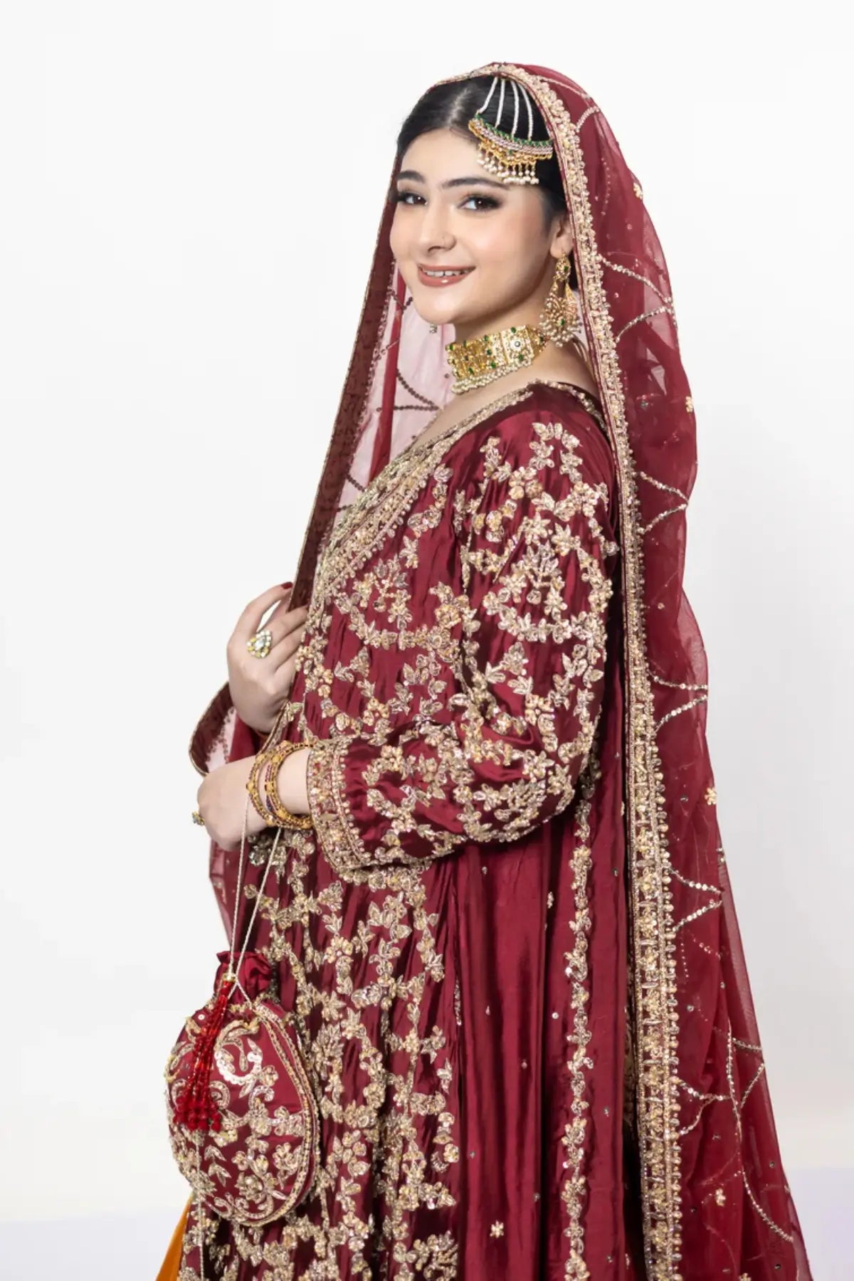 Yumna – Maroon Raw Silk Shirt & Rust Lehnga for Elegant Bridal Occasions