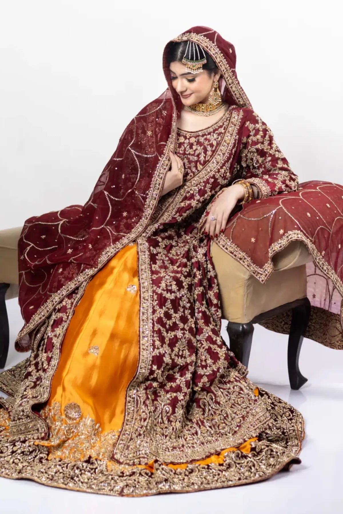 Yumna – Maroon Raw Silk Shirt & Rust Lehnga for Elegant Bridal Occasions