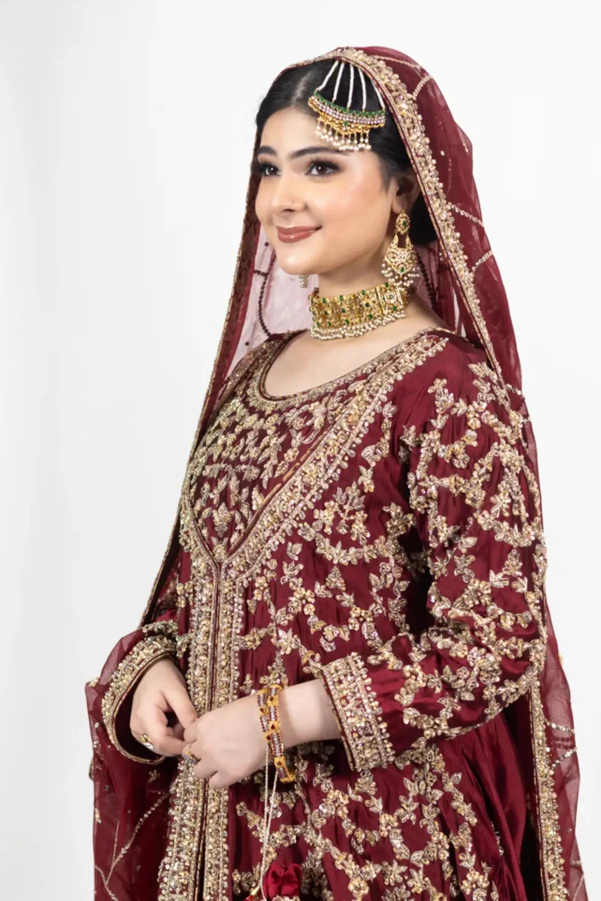 Yumna – Maroon Raw Silk Shirt & Rust Lehnga for Elegant Bridal Occasions