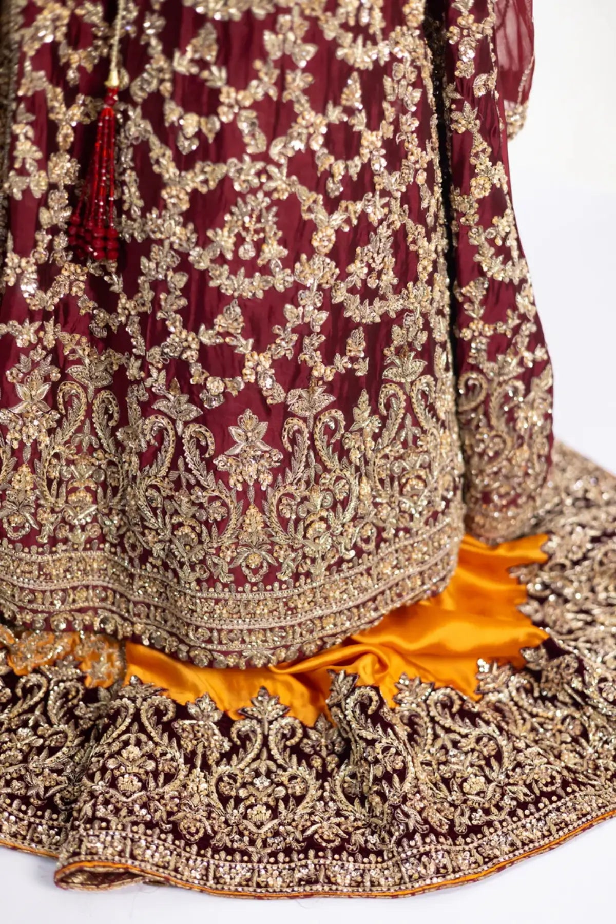 Yumna – Maroon Raw Silk Shirt & Rust Lehnga for Elegant Bridal Occasions
