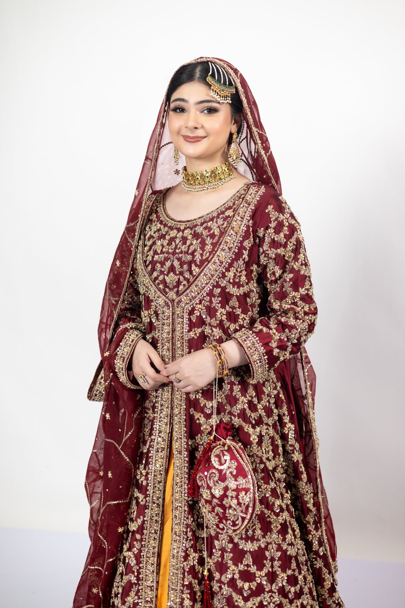 Yumna Maroon Raw Silk Shirt & Rust Lehnga with Net Organza Dupatta by MariamRaj