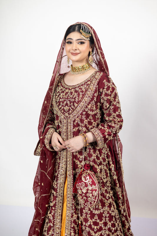 Yumna Maroon Raw Silk Shirt & Rust Lehnga with Net Organza Dupatta by MariamRaj