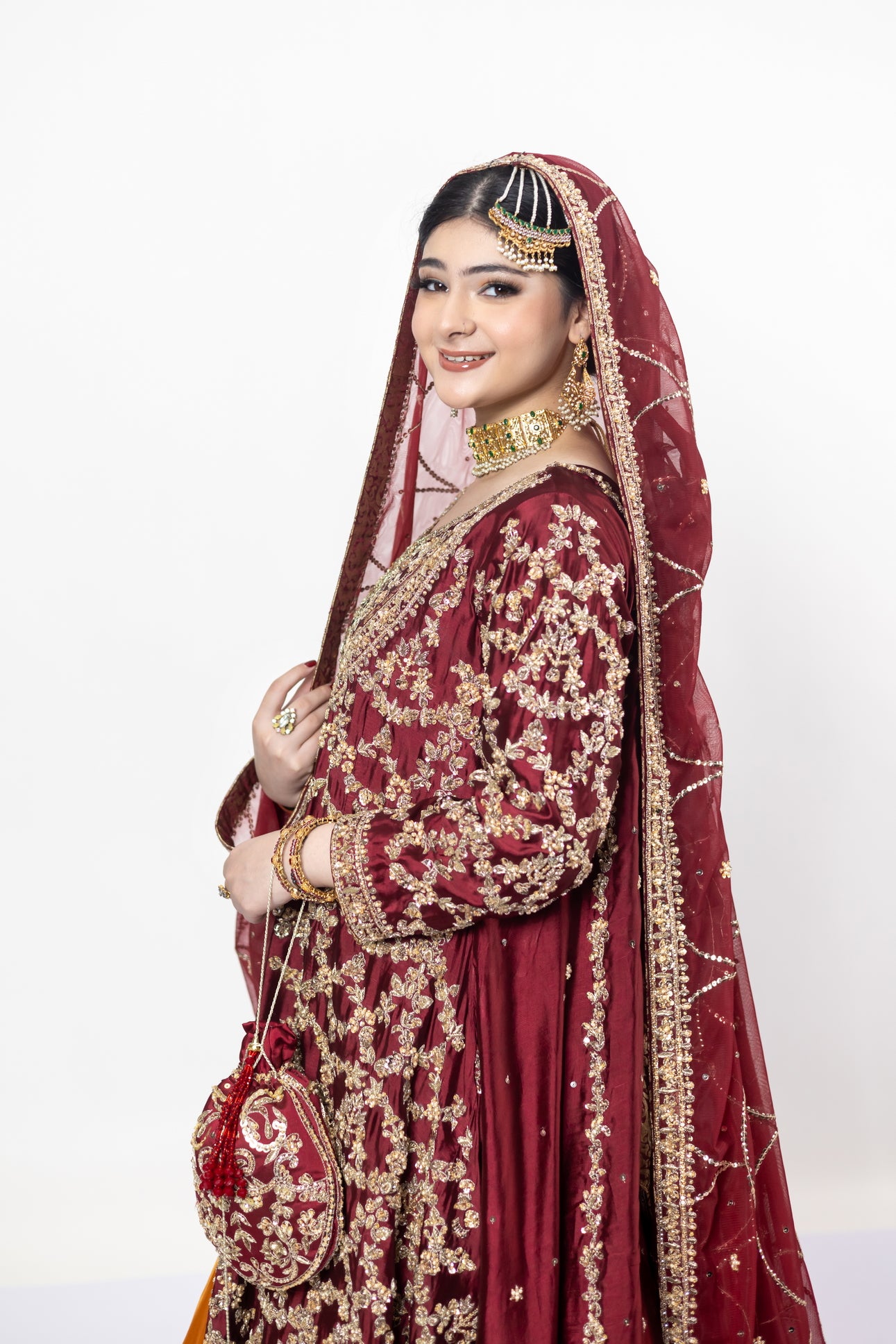 Yumna Maroon Raw Silk Shirt & Rust Lehnga with Net Organza Dupatta by MariamRaj