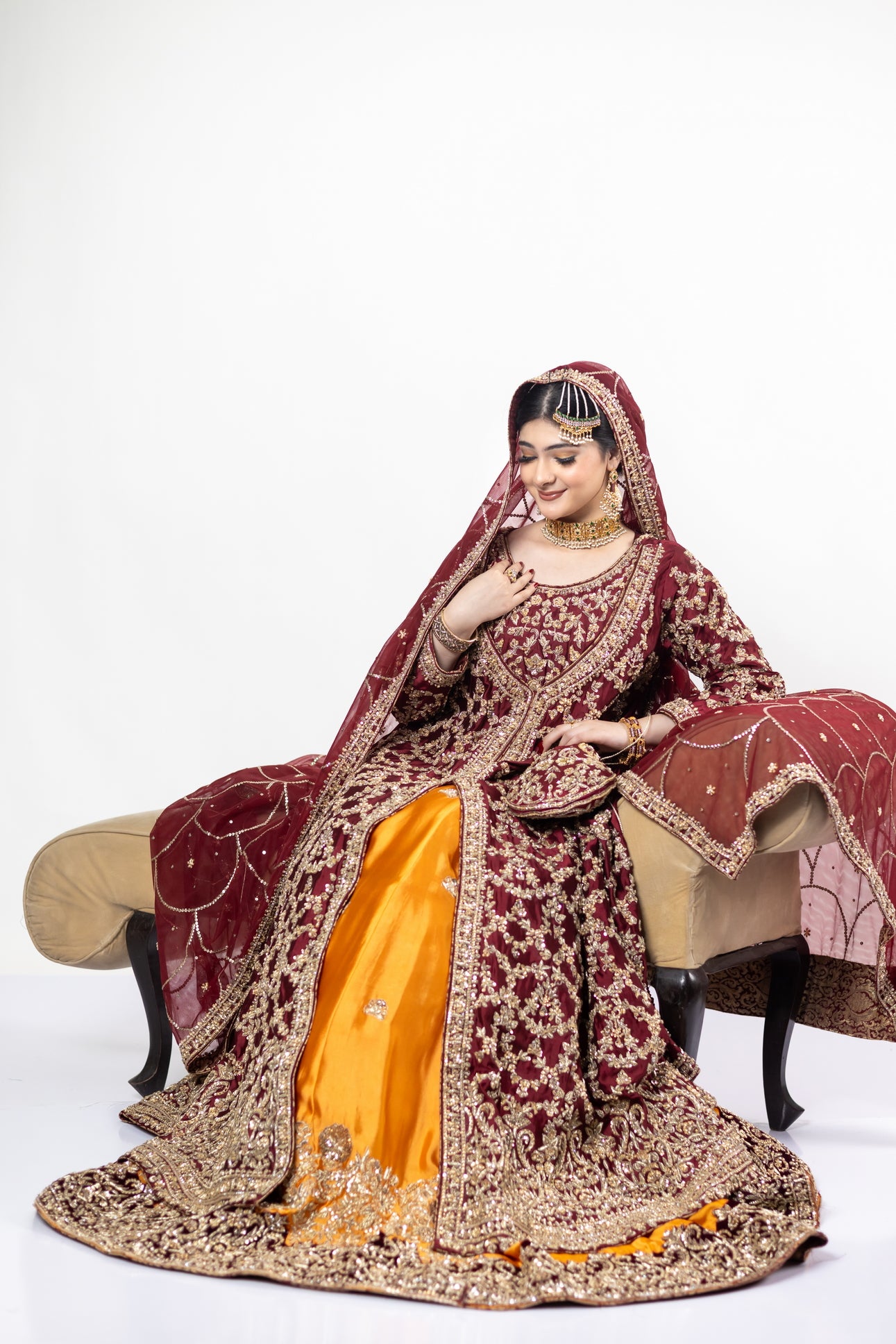 Yumna Maroon Raw Silk Shirt & Rust Lehnga with Net Organza Dupatta by MariamRaj

