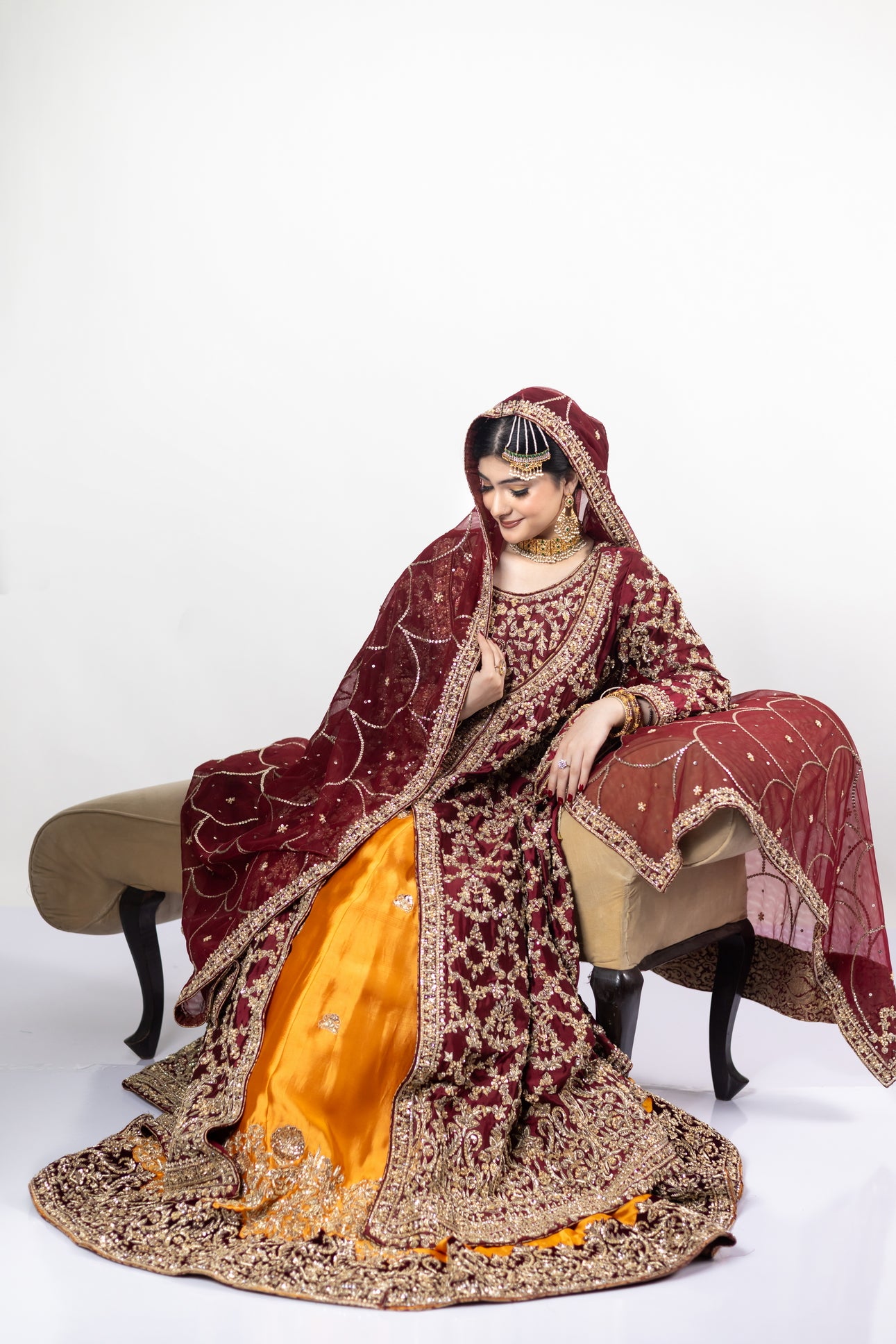 Yumna Maroon Raw Silk Shirt & Rust Lehnga with Net Organza Dupatta by MariamRaj