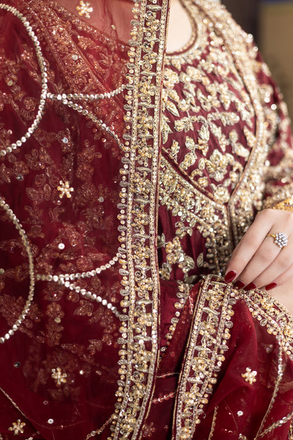 Yumna Maroon Raw Silk Shirt & Rust Lehnga with Net Organza Dupatta by MariamRaj