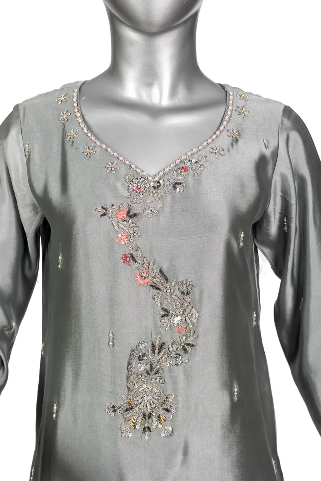 Yusra – Designer Grey & Peach Sheesha Silk Suit for Party Wear Online