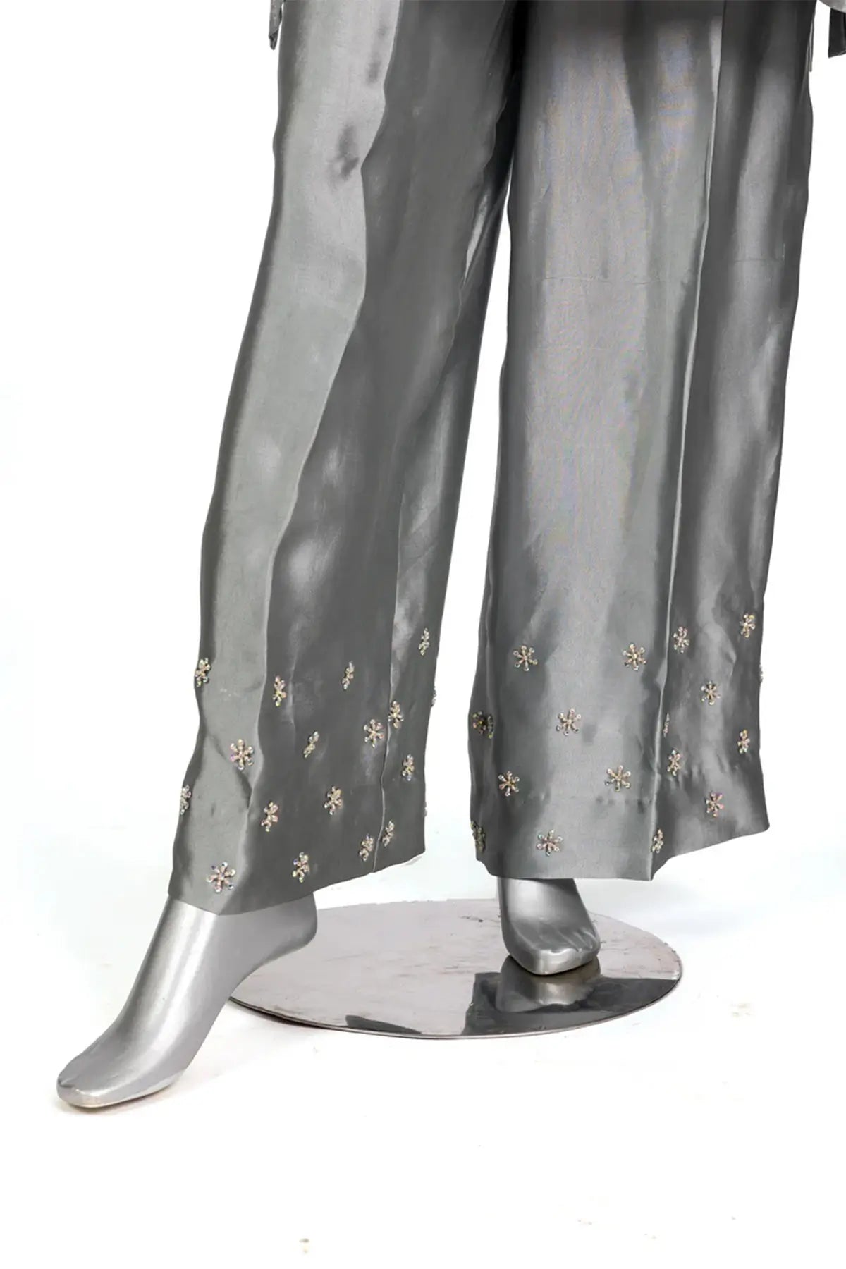 Yusra – Designer Grey & Peach Sheesha Silk Suit for Party Wear Online