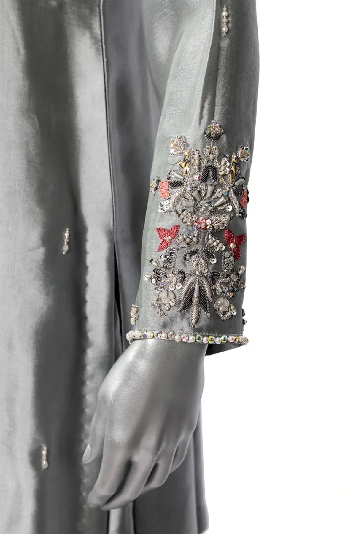 Yusra – Designer Grey & Peach Sheesha Silk Suit for Party Wear Online