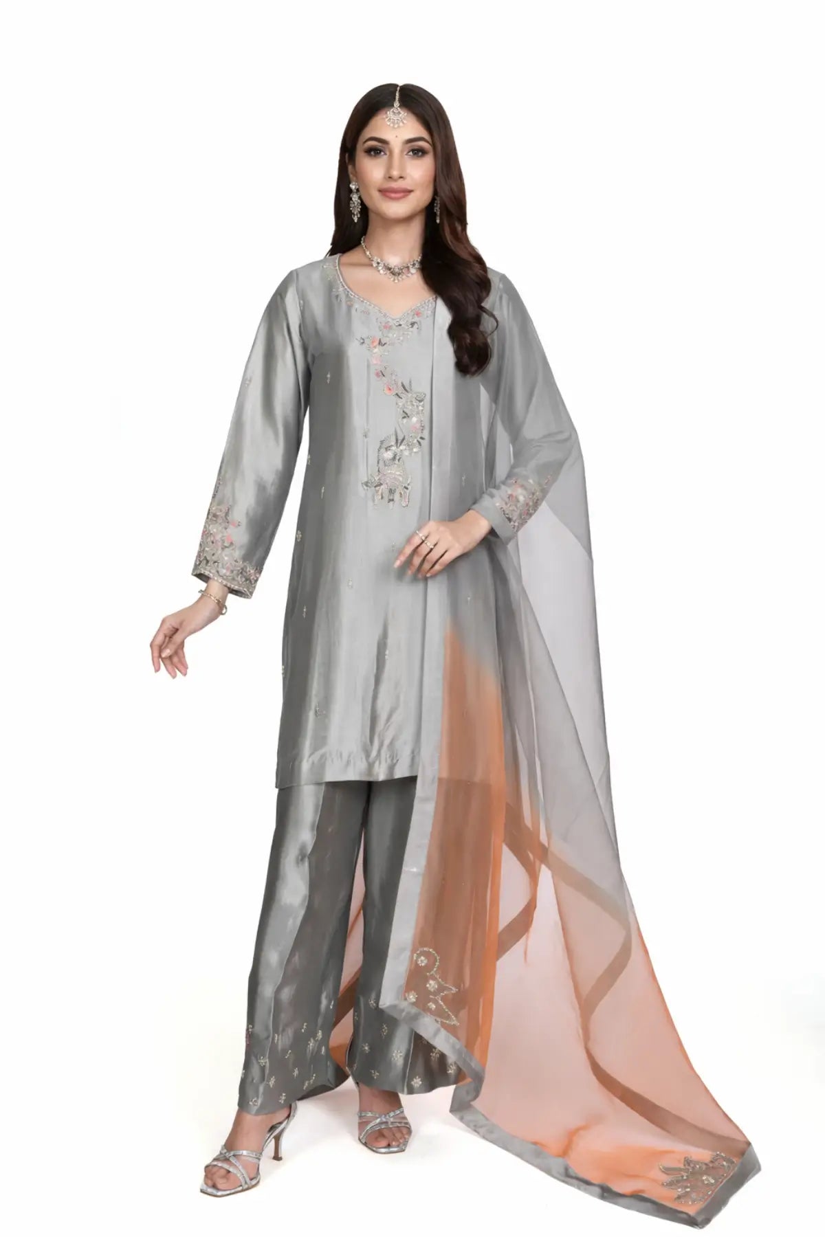 Yusra – Designer Grey & Peach Sheesha Silk Suit for Party Wear Online