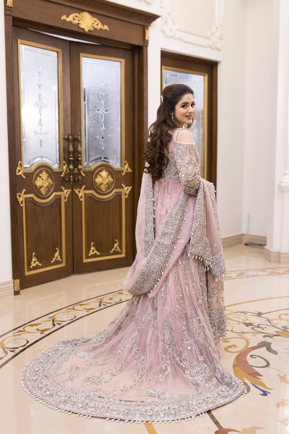 Pakistani formal pink gown with net shirt, organza lehenga, and dupatta – bridal-inspired reception outfit for wedding guests in Canada.