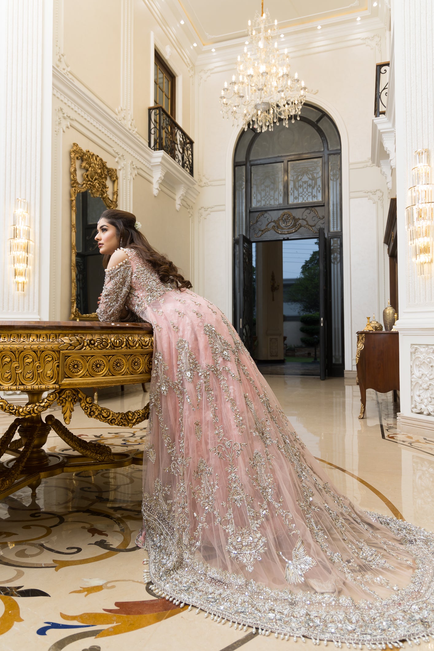 Pakistani formal pink gown with net shirt, organza lehenga, and dupatta – bridal-inspired reception outfit for wedding guests in Canada.