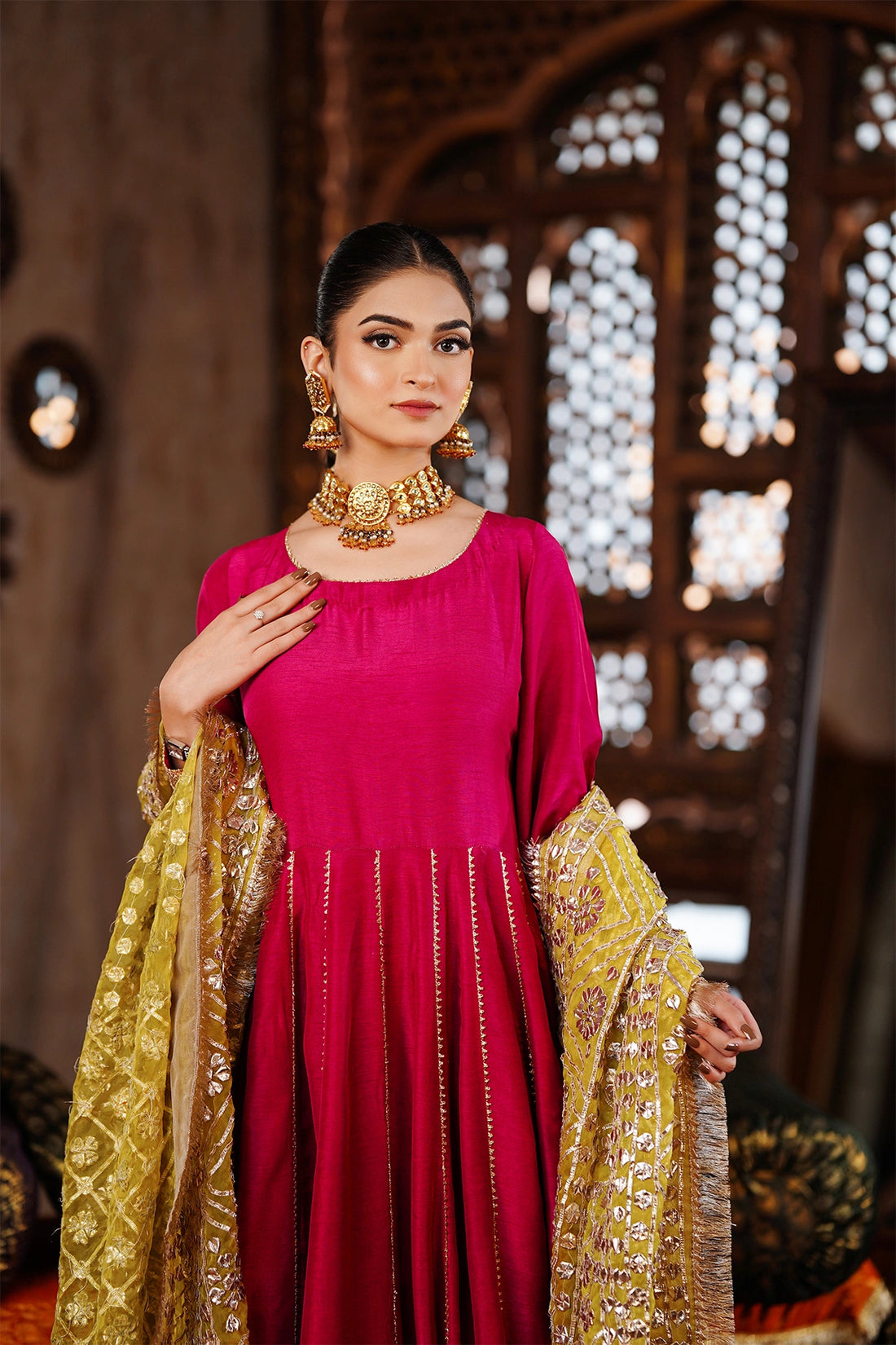 Zarmina magenta pink Korean silk festive Anarkali with palazzo pants and handmade organza gotta dupatta by MariamRaj