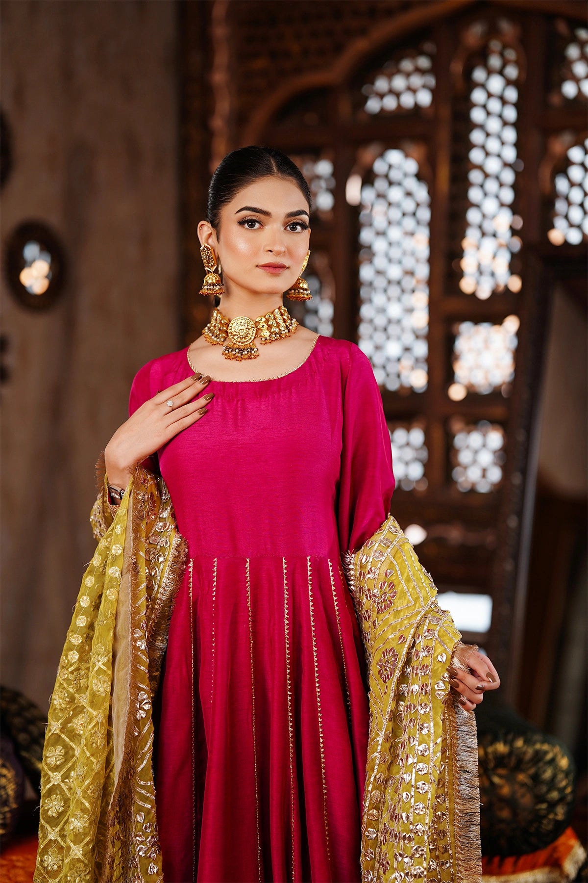 Zarmina magenta pink Korean silk festive Anarkali with palazzo pants and handmade organza gotta dupatta by MariamRaj