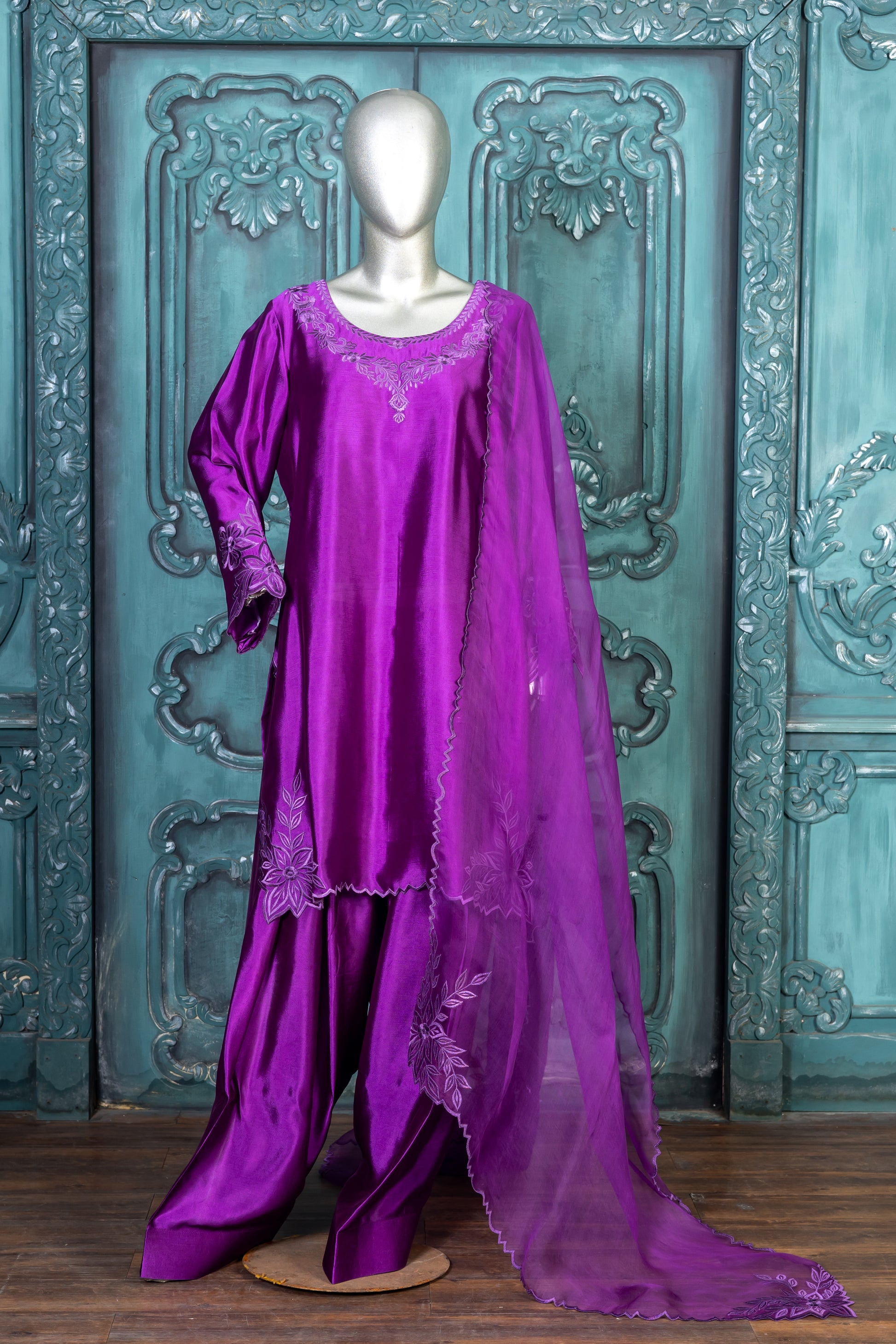 MariamRaj Designer Purple Silk Outfit with Organza Dupatta – Zarnoor