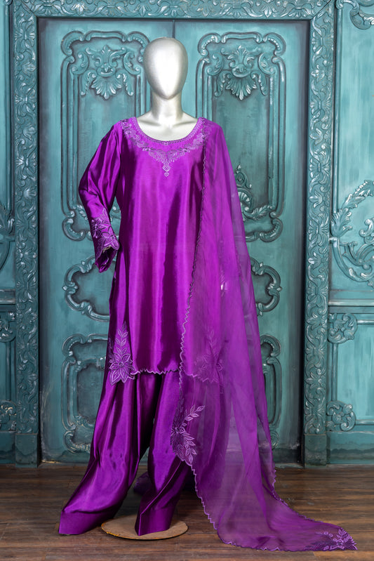 MariamRaj Designer Purple Silk Outfit with Organza Dupatta – Zarnoor