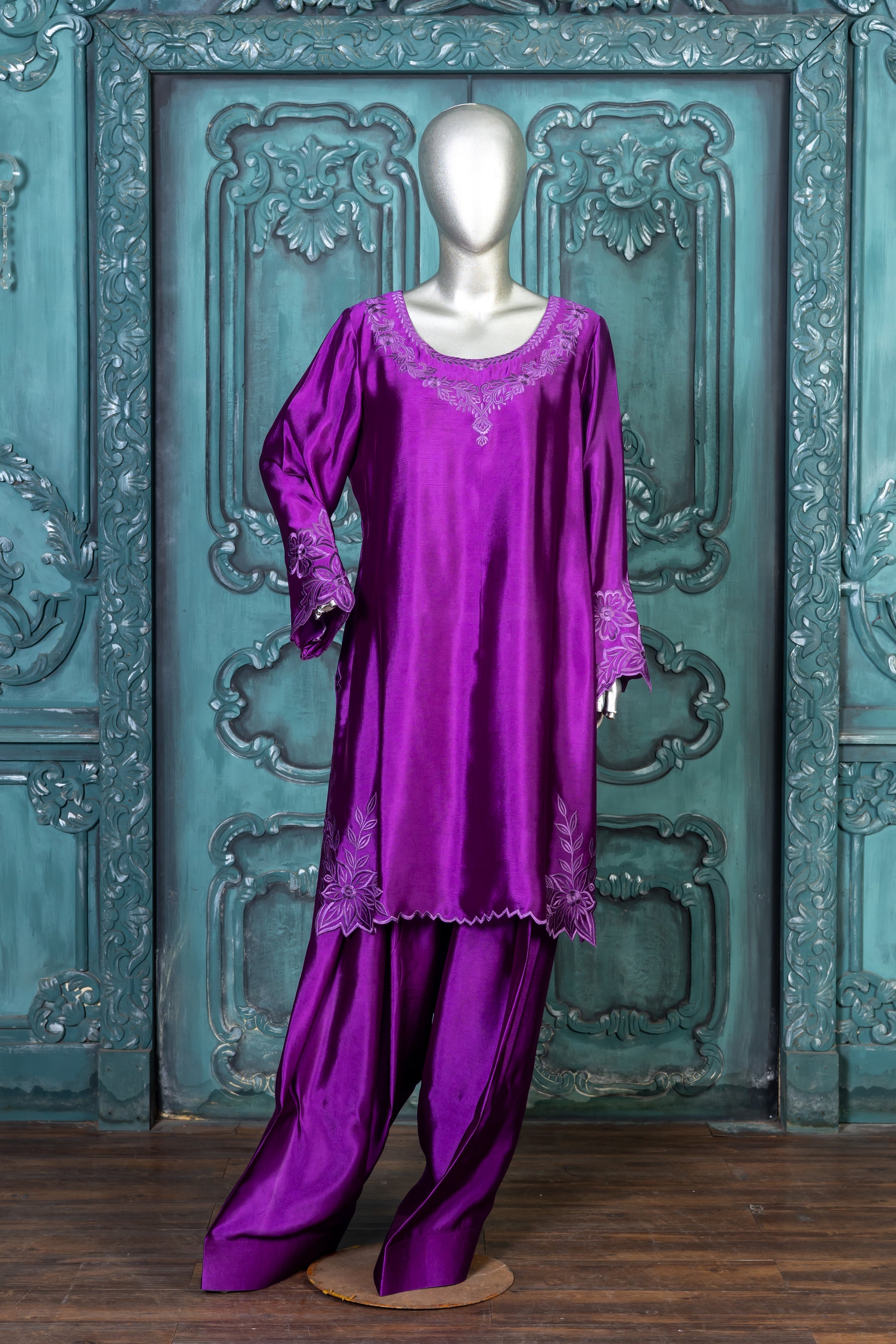 MariamRaj Designer Purple Silk Outfit with Organza Dupatta – Zarnoor